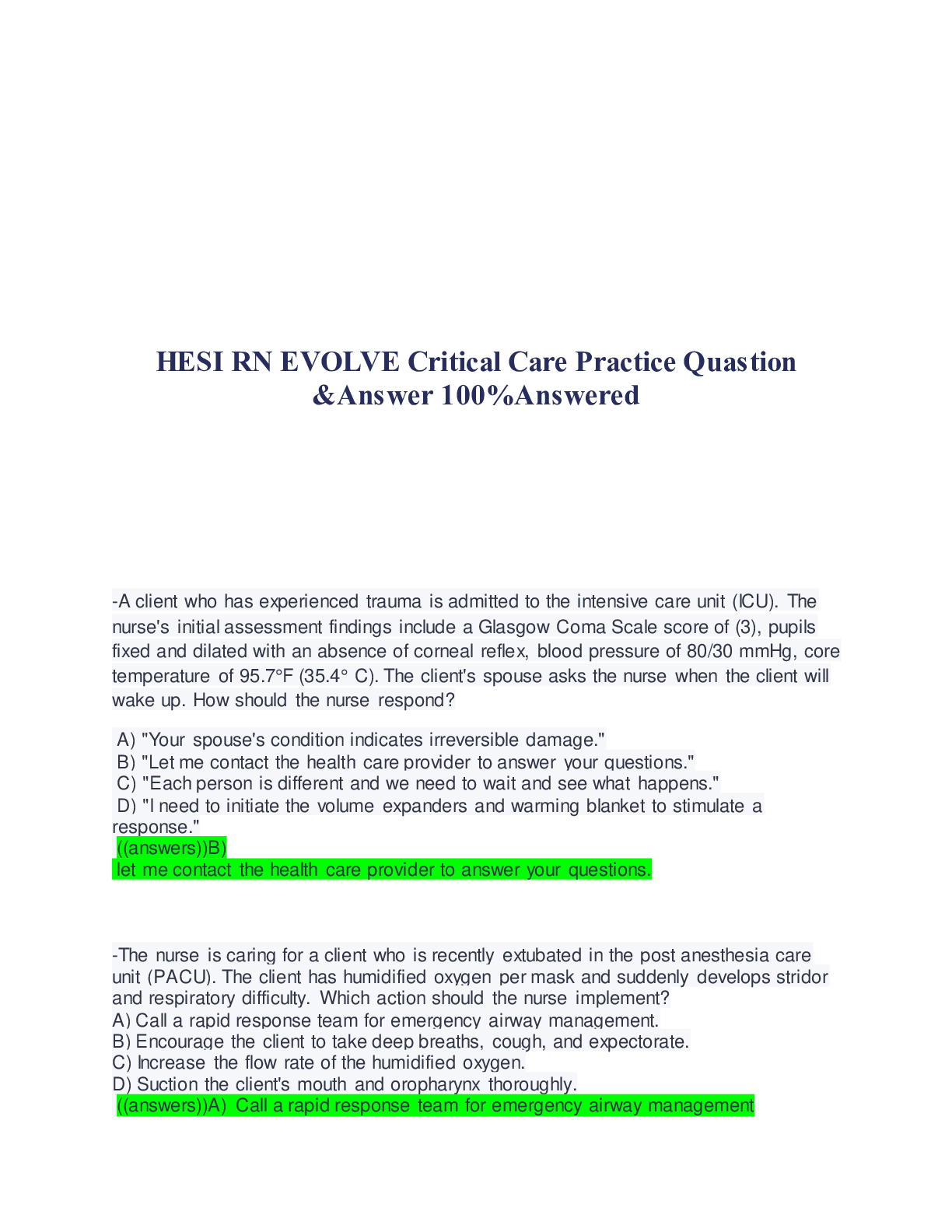 Preview image for HESI RN EVOLVE Critical Care Practice Quastion &Answer 100%Answered
